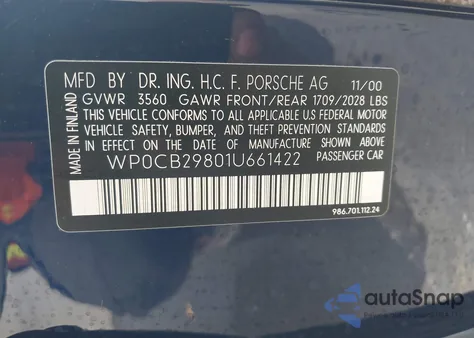 2001 Porsche Boxster S z USA, uszkodzony, nr VIN WP0CB29801U661422